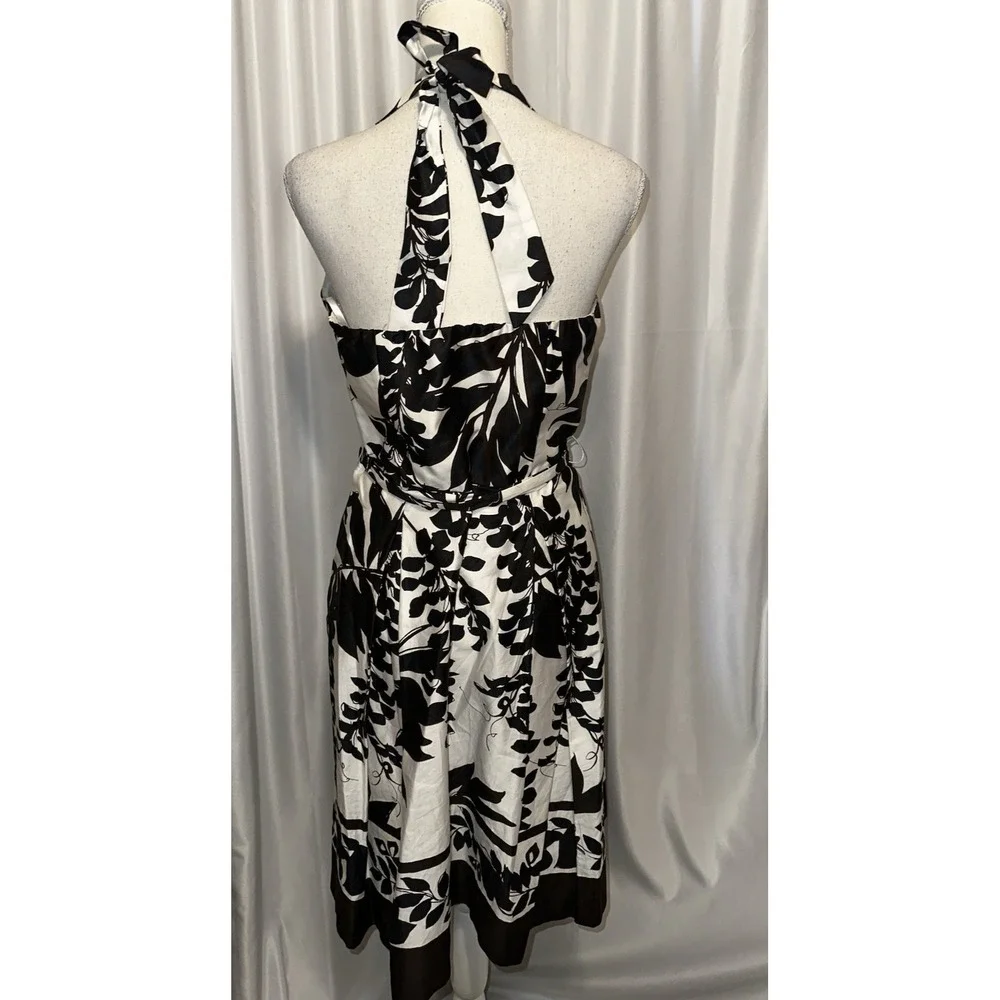 White House Black Market Dress Womens Size 8 Halter Summer Lined Leaf Black Whit - Picture 6 of 11
